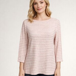 Talbots Womens Small Light Pink Striped Textured Sequin Top 3/4 Sleeve Casual